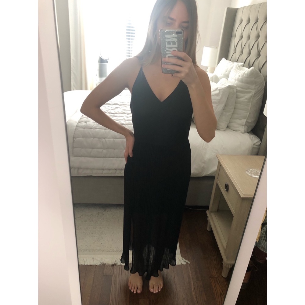 Sandro Black Satin and Chiffon Pleated Midi Dress